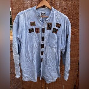 Unique Light Blue Denim Shirt with Tribal Patches